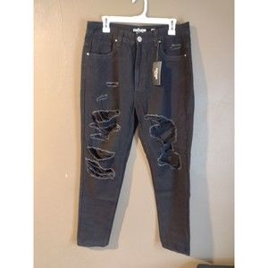 Refuge 11 MOM Classic High Rise Black Denim Jeans Distressed Destroyed